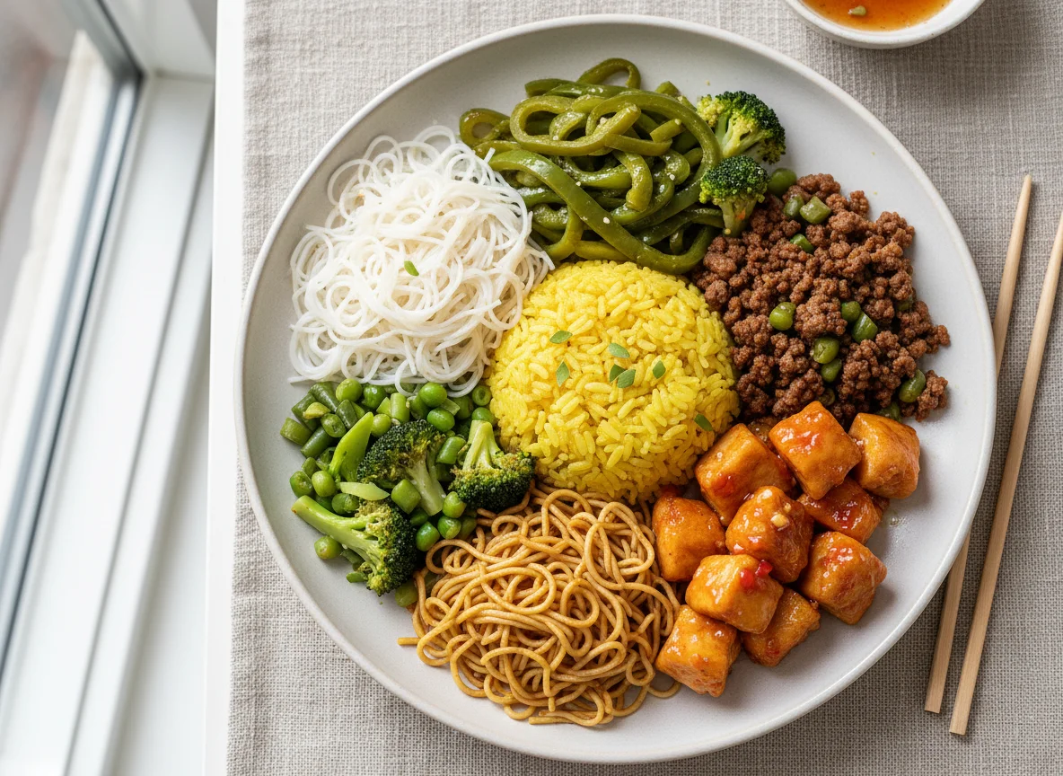 Asiatische Nudel- und Reisplatte mit Fleisch und Gemüse photo