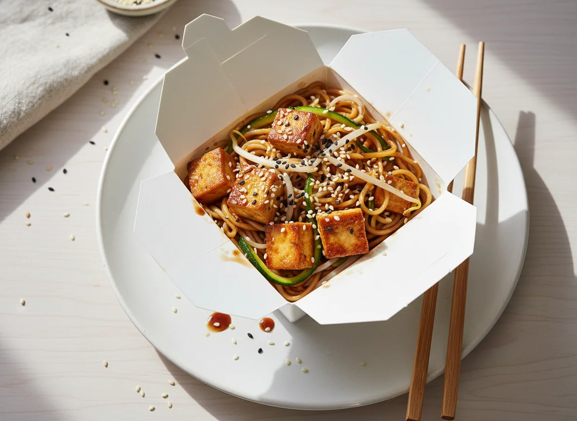 Asiatische Nudelbox mit Tofu und Gemüse photo