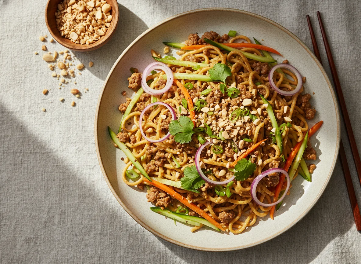 Asiatische Nudeln mit Erdnusssauce und Rindfleisch photo