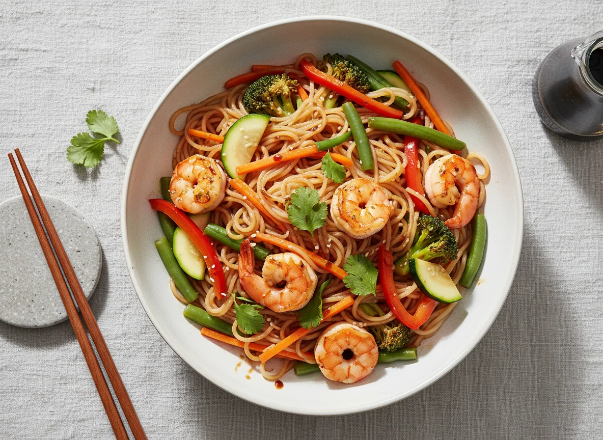 Asiatische Nudeln mit Garnelen und Gemüse photo