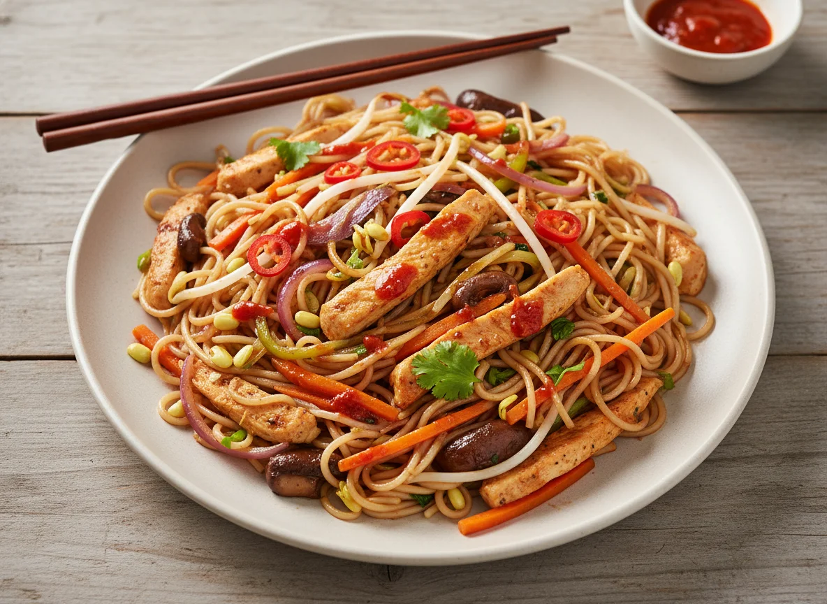 Asiatische Nudeln mit gebratenem Gemüse und Hähnchen photo