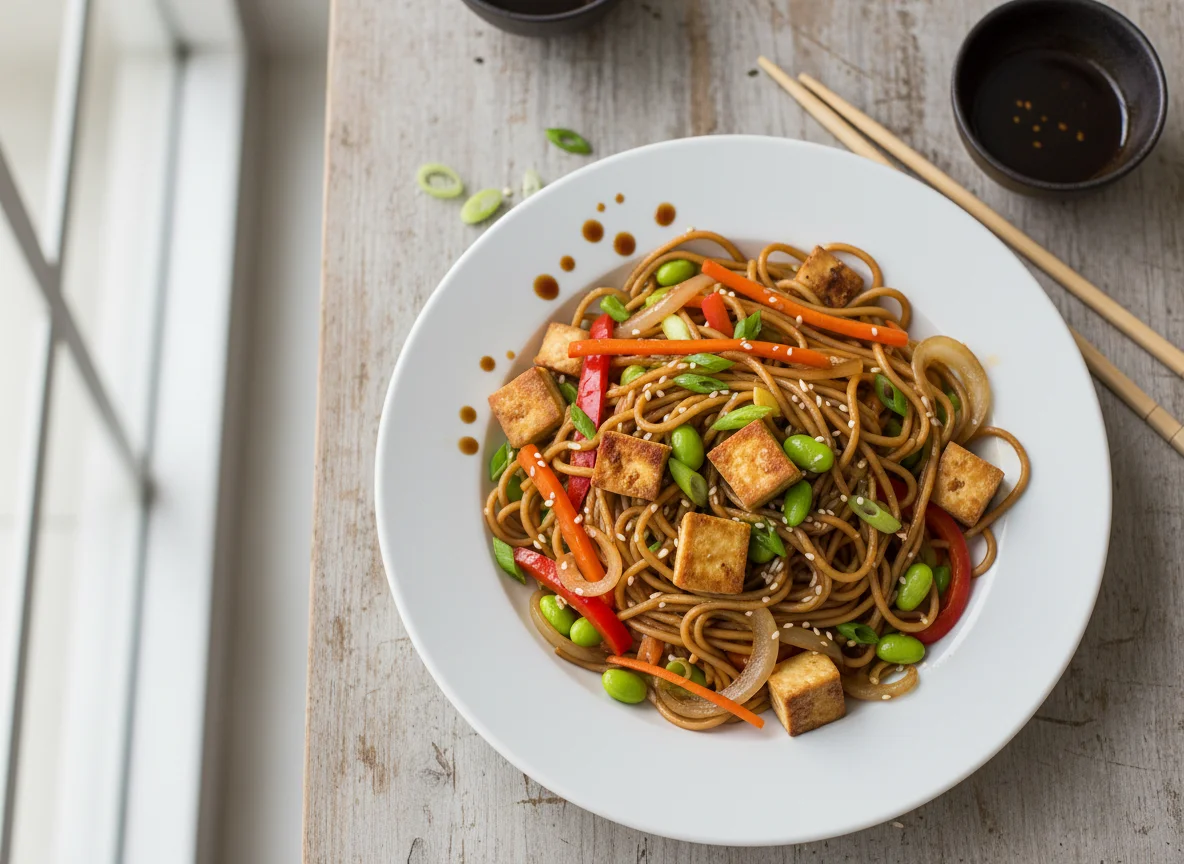 Asiatische Nudeln mit Gemüse und Tofu photo