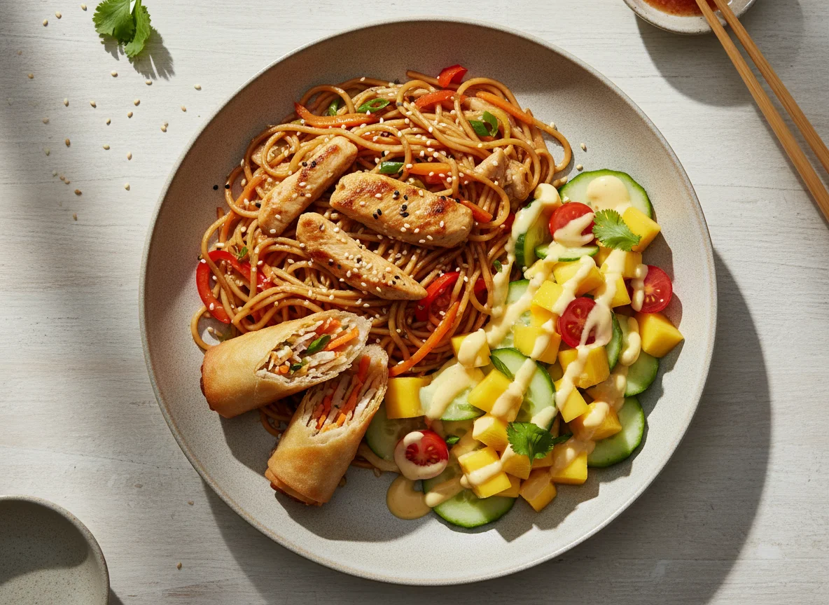 Asiatische Nudeln mit Hähnchen, Frühlingsrollen und Mango-Salat photo