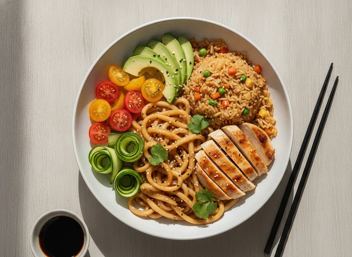 Asiatische Nudeln mit Hähnchen, Reis und Salat photo