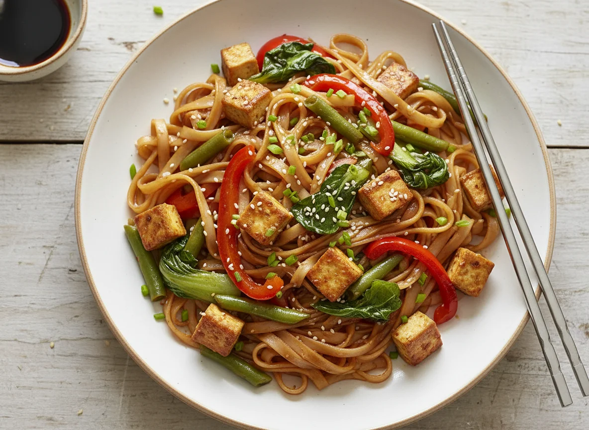 Asiatische Nudeln mit Hähnchen und Gemüse photo