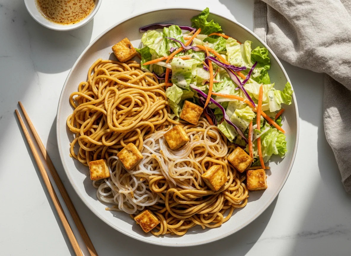 Asiatische Nudeln mit Salat und Tofu photo