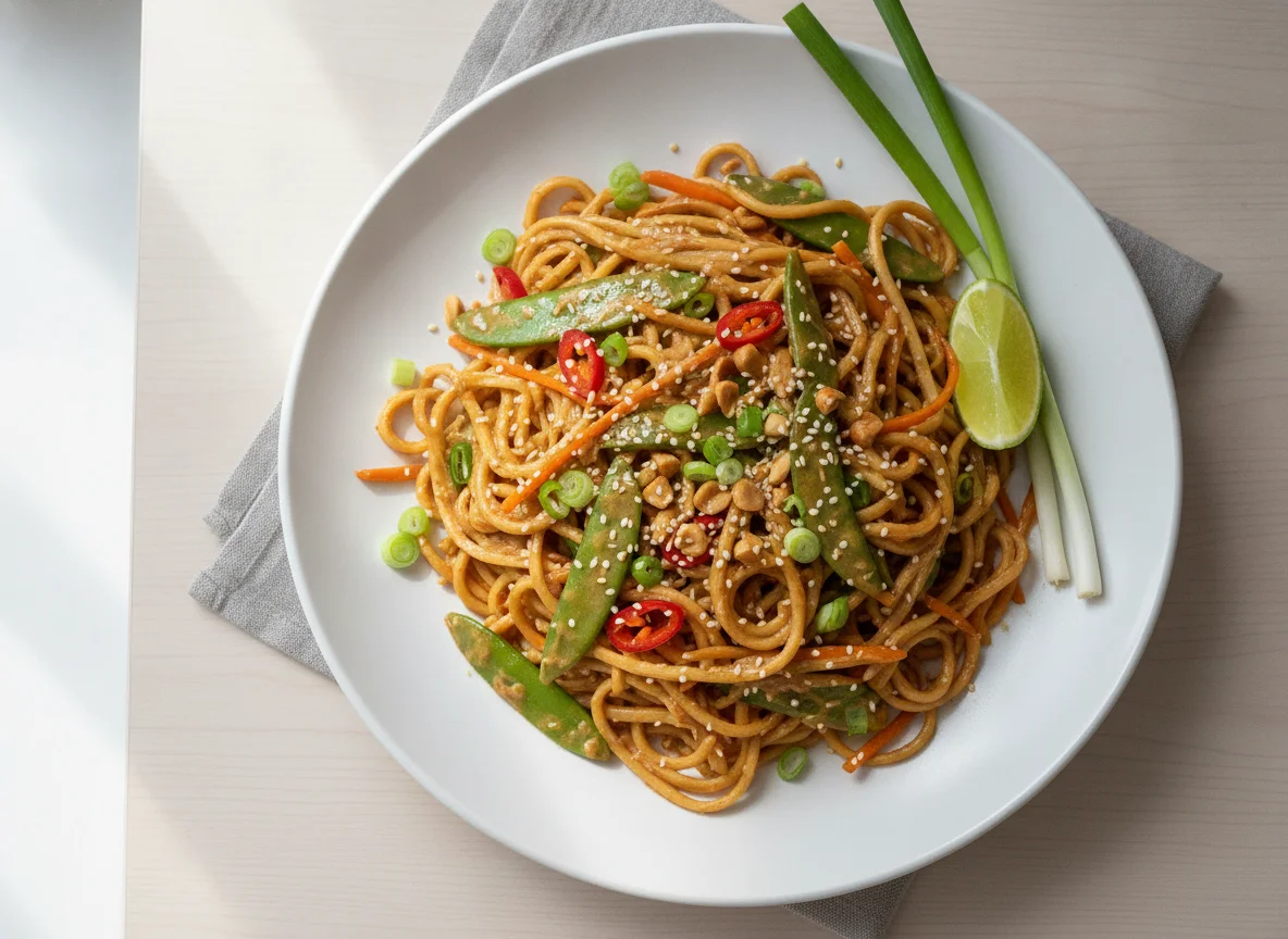 Asiatische Nudelpfanne mit Erdnusssauce und Gemüse photo