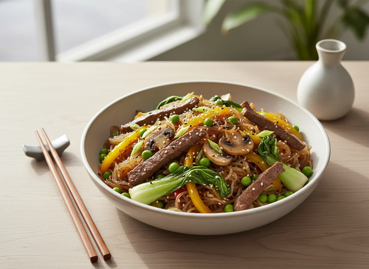 Asiatische Nudelpfanne mit Fleisch und Gemüse photo