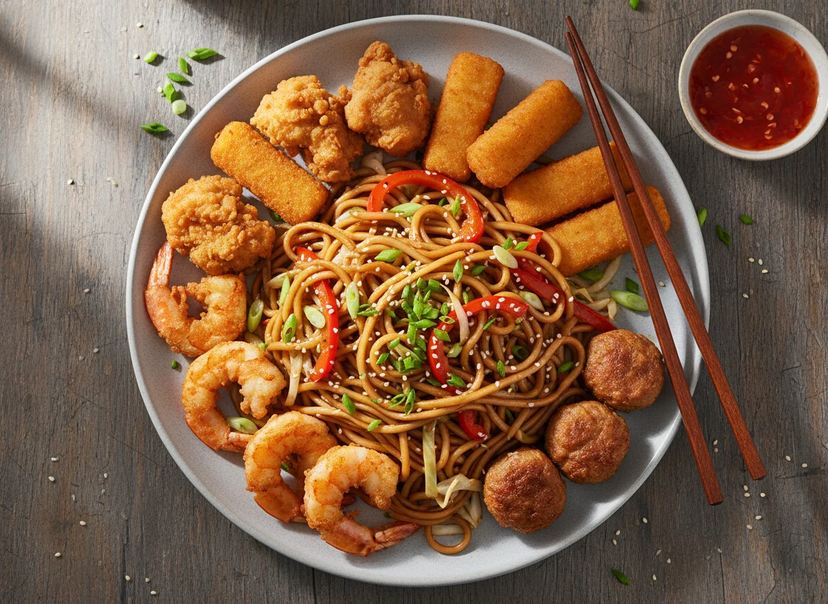 Asiatische Nudelpfanne mit frittierten Beilagen photo