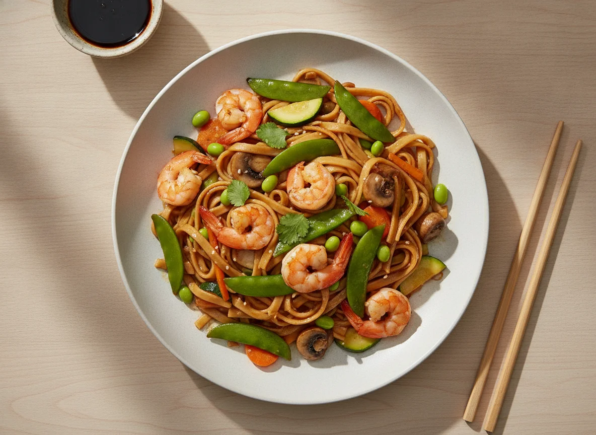 Asiatische Nudelpfanne mit Garnelen und Gemüse photo