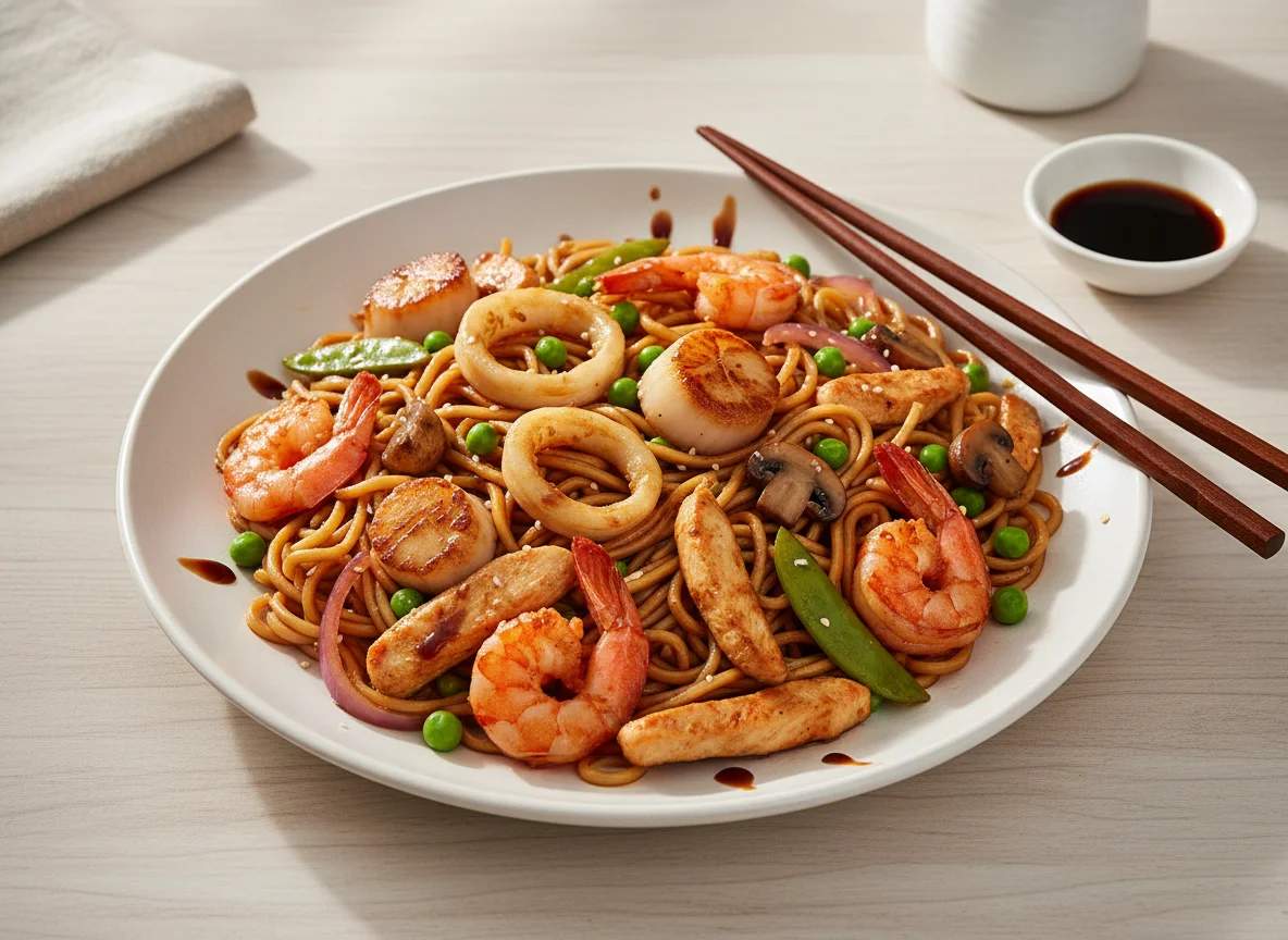 Asiatische Nudelpfanne mit Garnelen und Meeresfrüchten photo