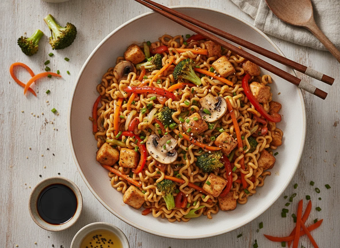 Asiatische Nudelpfanne mit Gemüse und Hähnchen photo