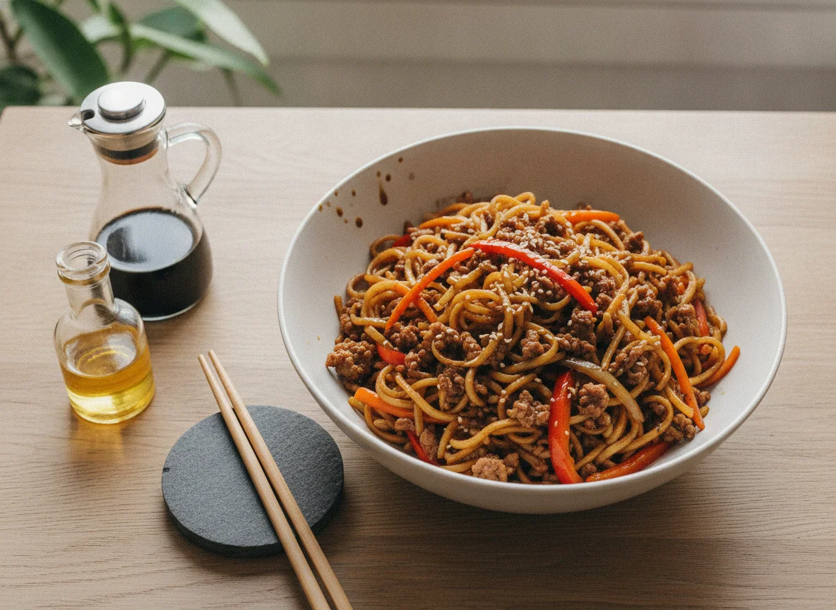 Asiatische Nudelpfanne mit Hackfleisch und Gemüse photo