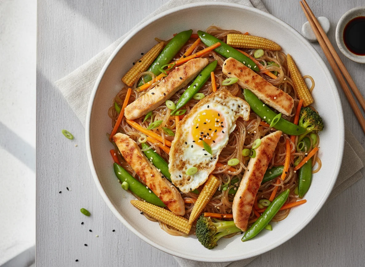 Asiatische Nudelpfanne mit Hähnchen und Gemüse photo