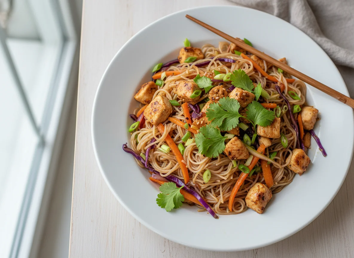 Asiatische Nudelpfanne mit Huhn und Gemüse photo