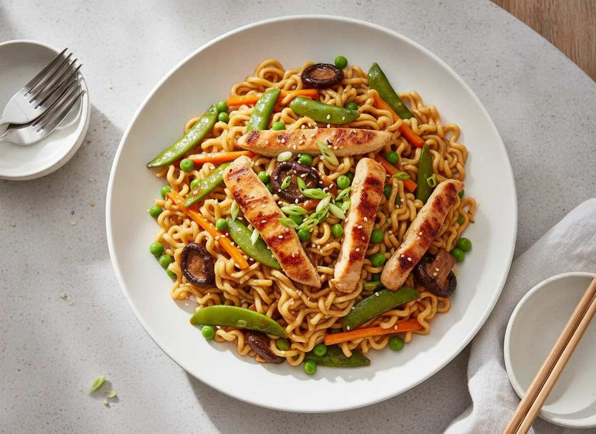 Asiatische Nudelpfanne mit Poulet und Gemüse photo