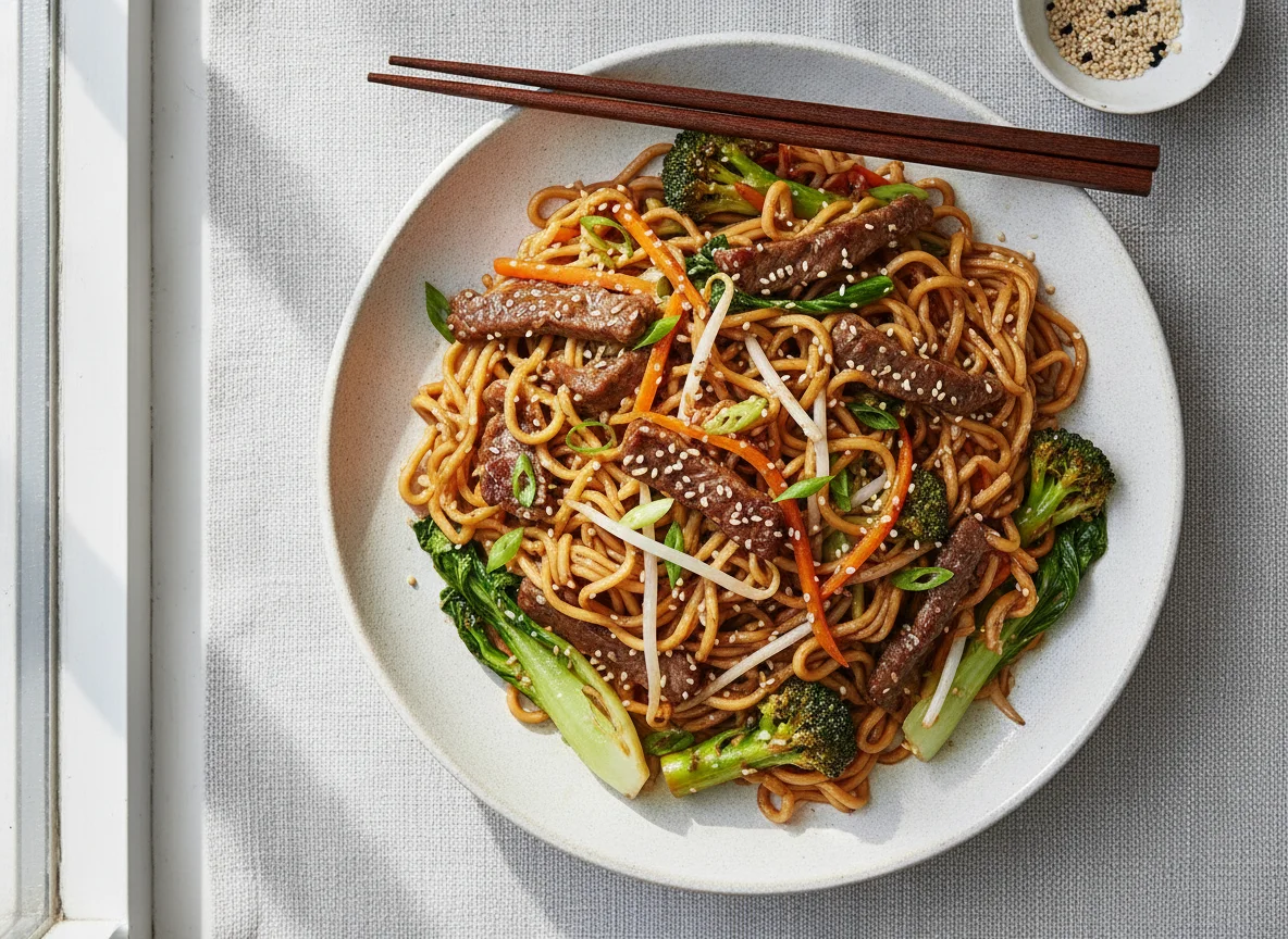 Asiatische Nudelpfanne mit Rindfleisch photo