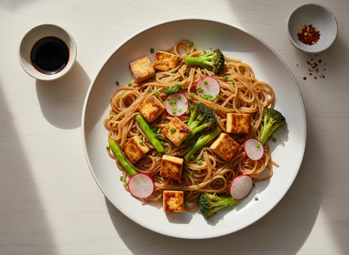 Asiatische Nudelpfanne mit Tofu und Gemüse photo
