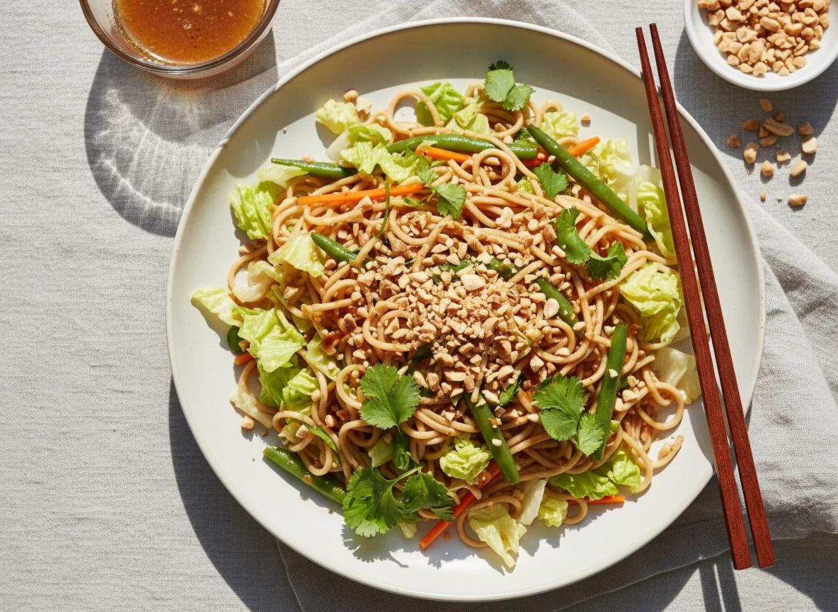 Asiatische Nudelsalat mit Gemüse und Erdnüssen photo