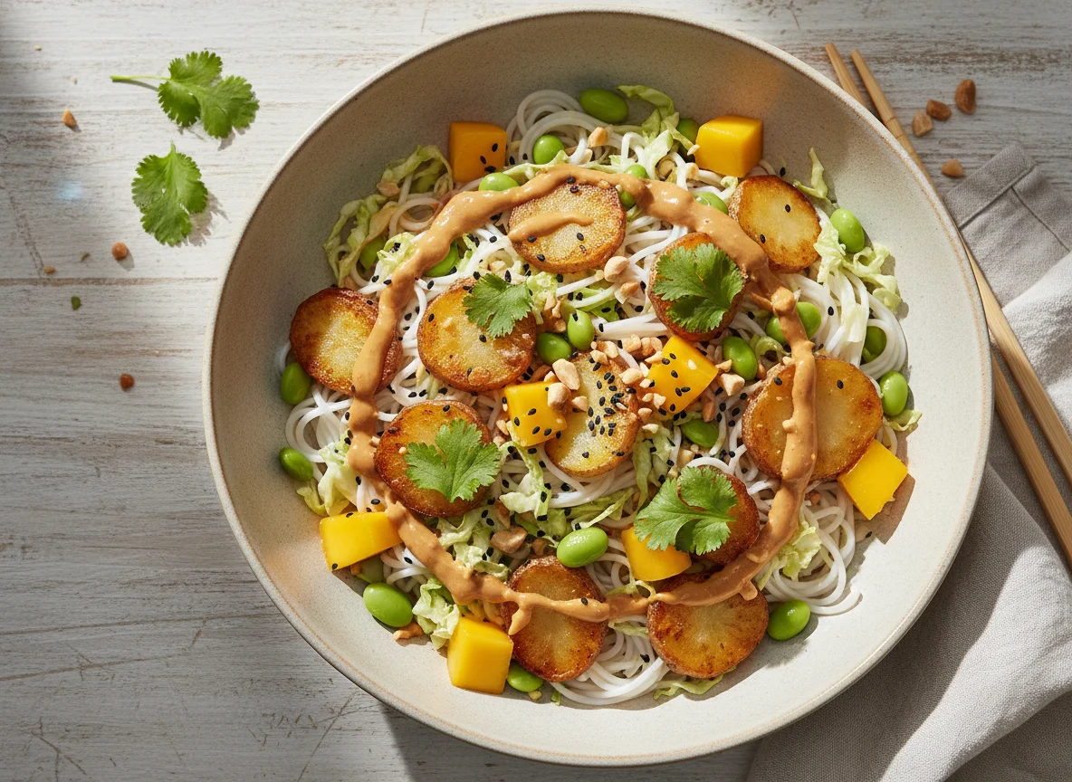 Asiatische Nudelschale mit Edamame und Mango photo