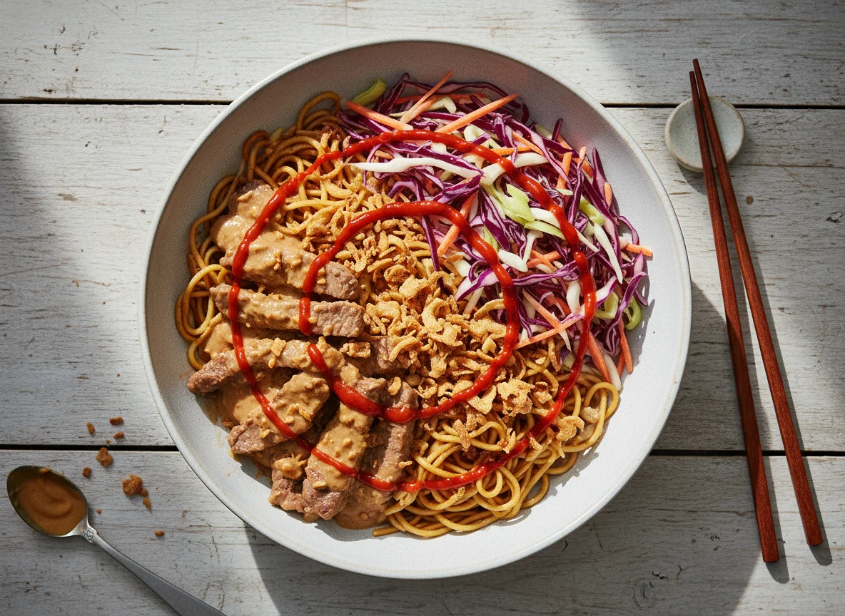 Asiatische Nudelschale mit Fleisch und Gemüse photo