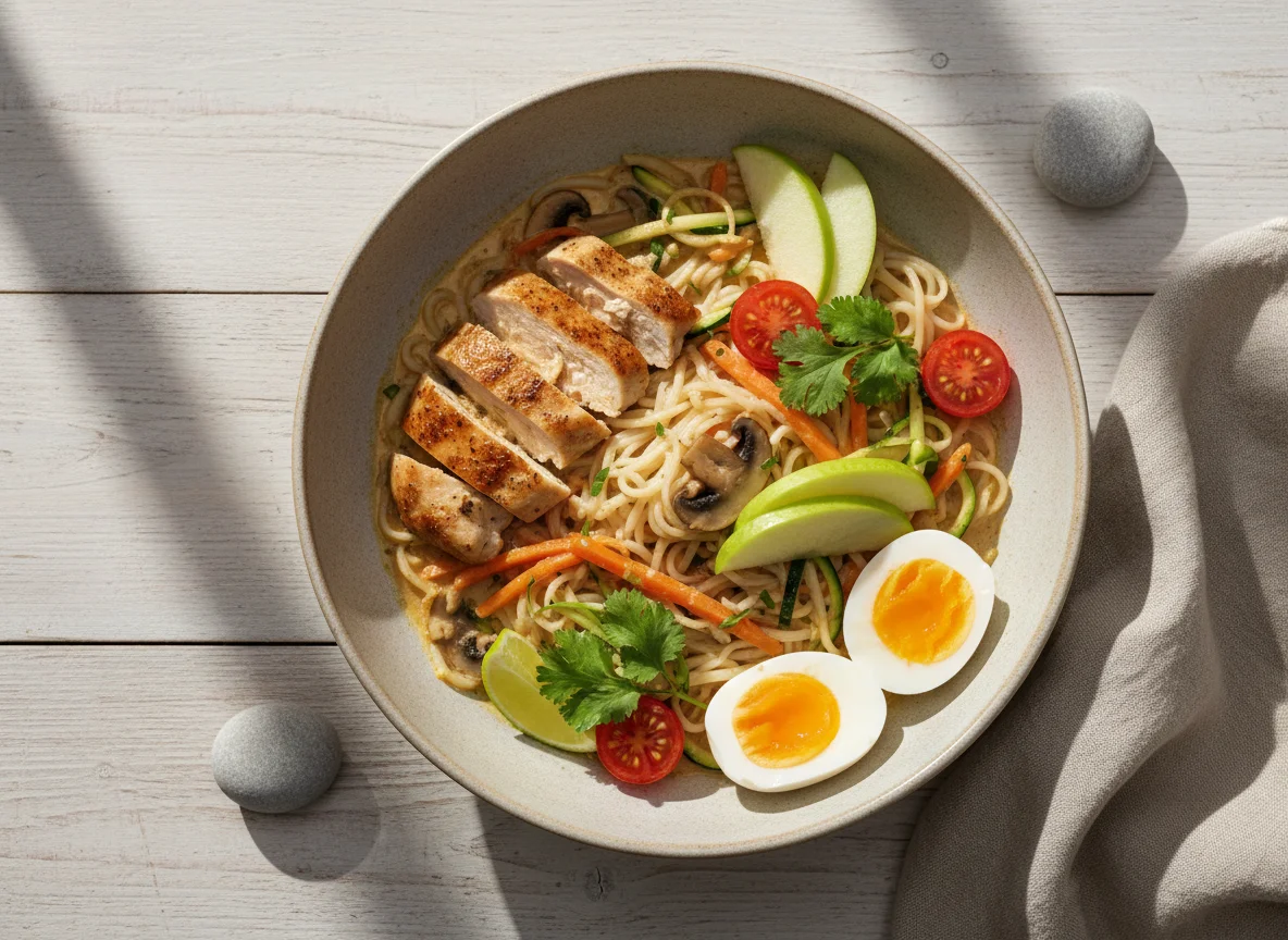 Asiatische Nudelschale mit Gemüse und Apfel photo