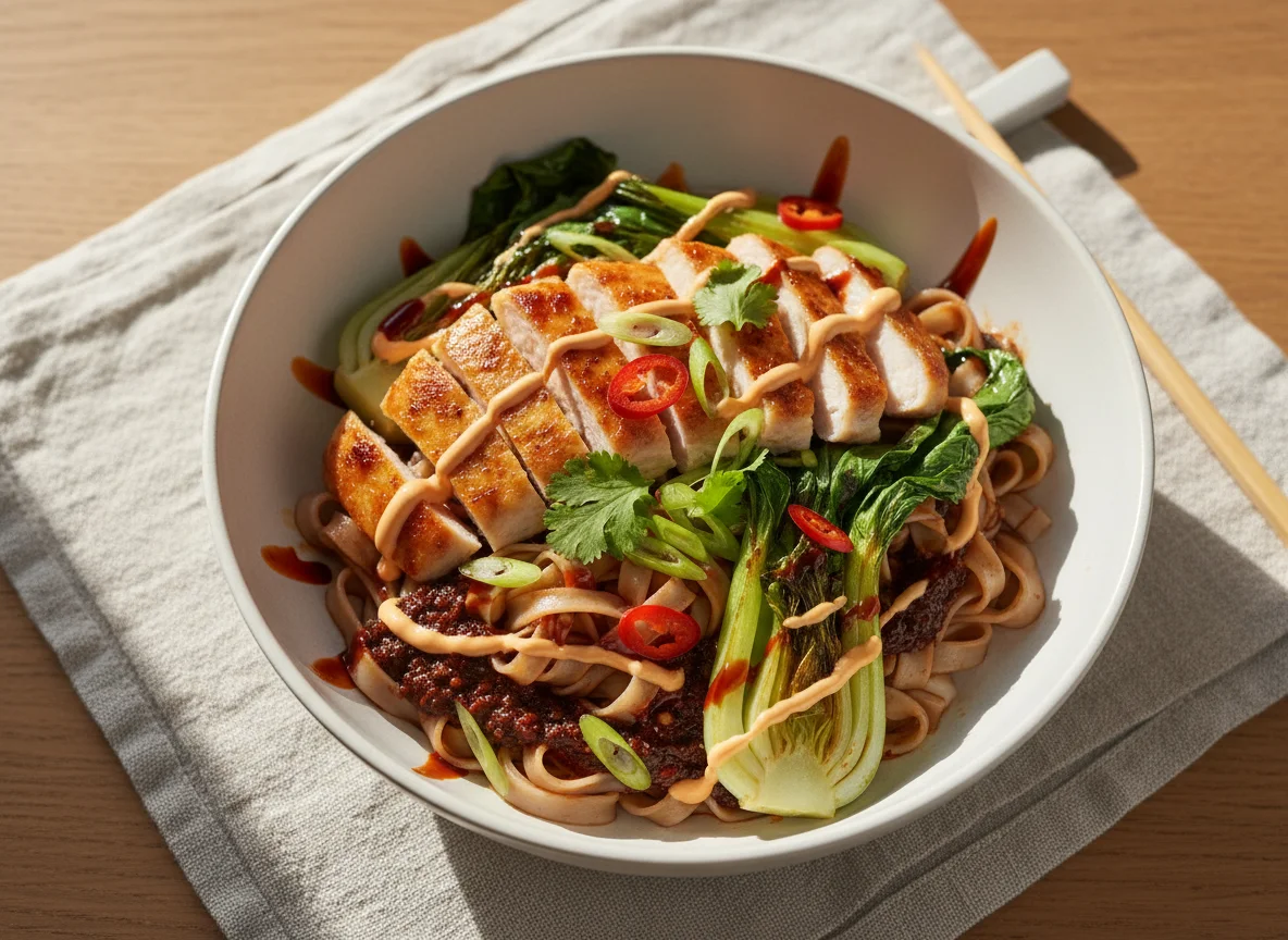 Asiatische Nudelschale mit Hähnchen und Gemüse photo
