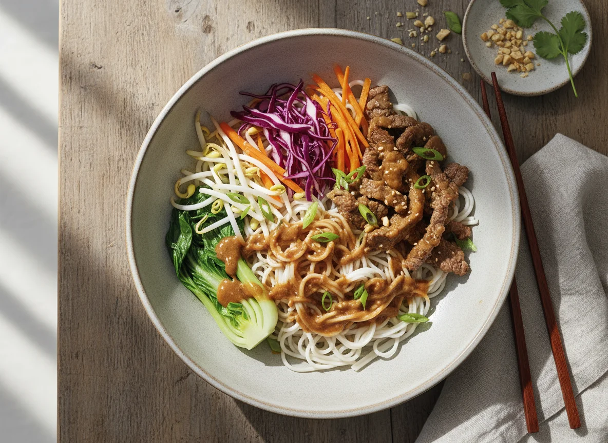 Asiatische Nudelschale mit Rindfleisch und Gemüse photo