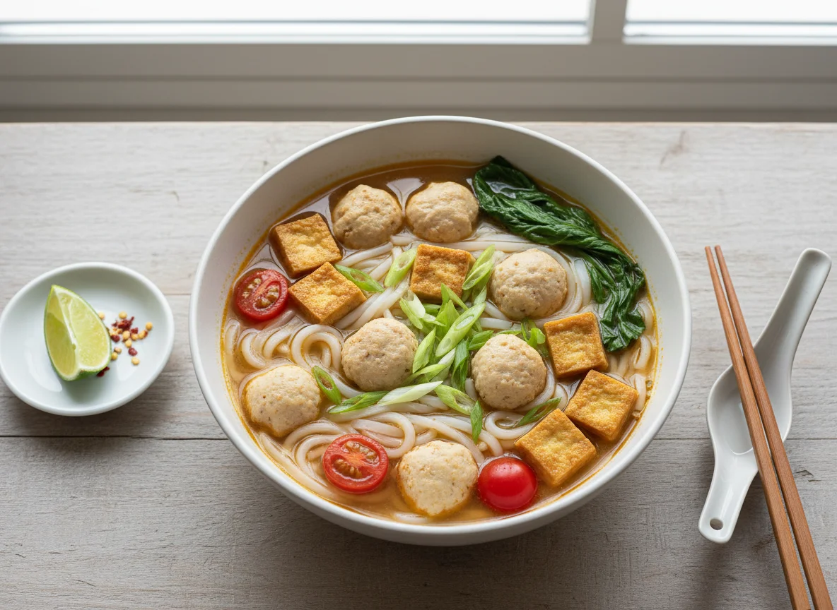 Asiatische Nudelsuppe mit Fischbällchen und Tofu photo