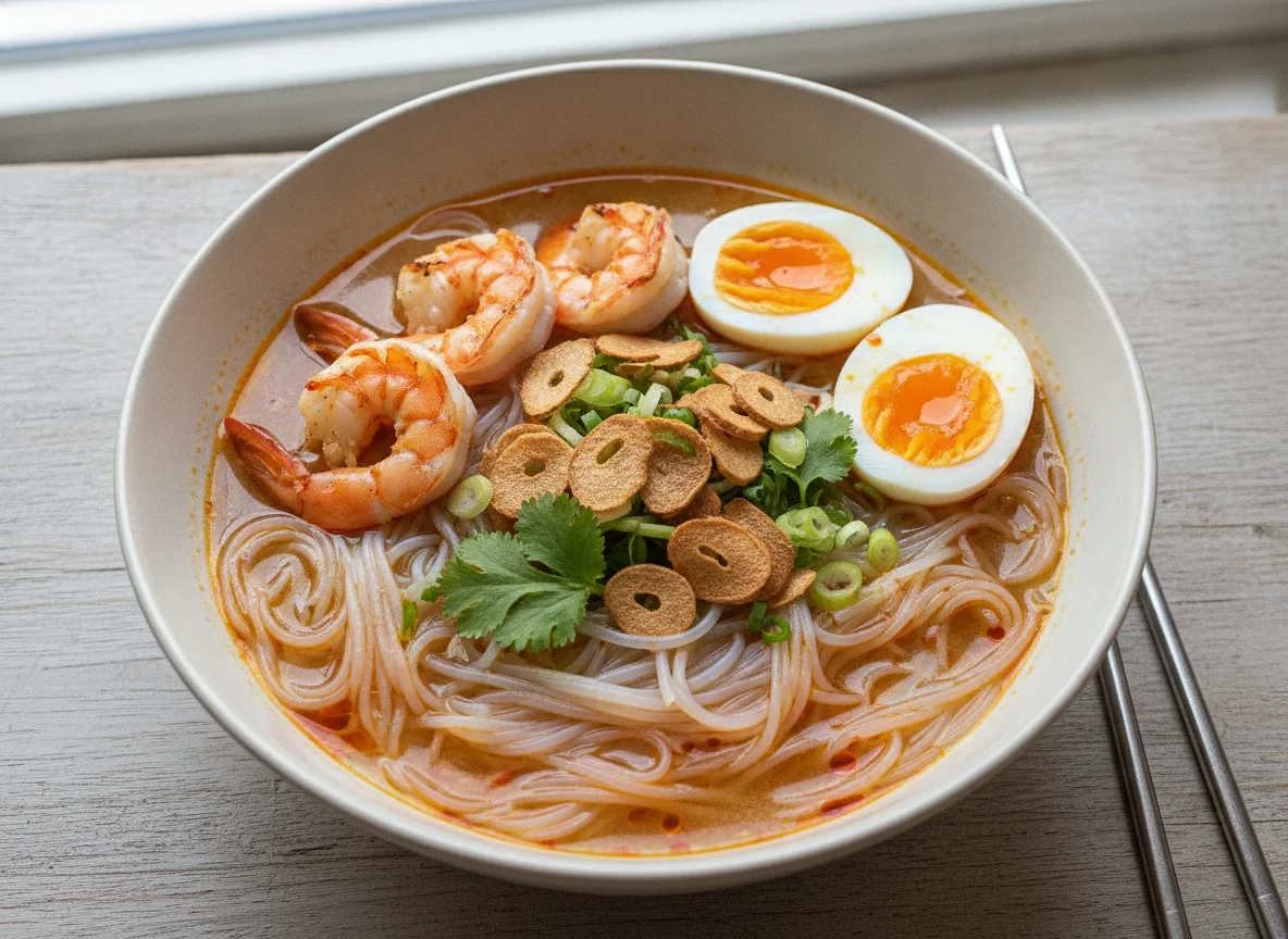 Asiatische Nudelsuppe mit Garnelen photo