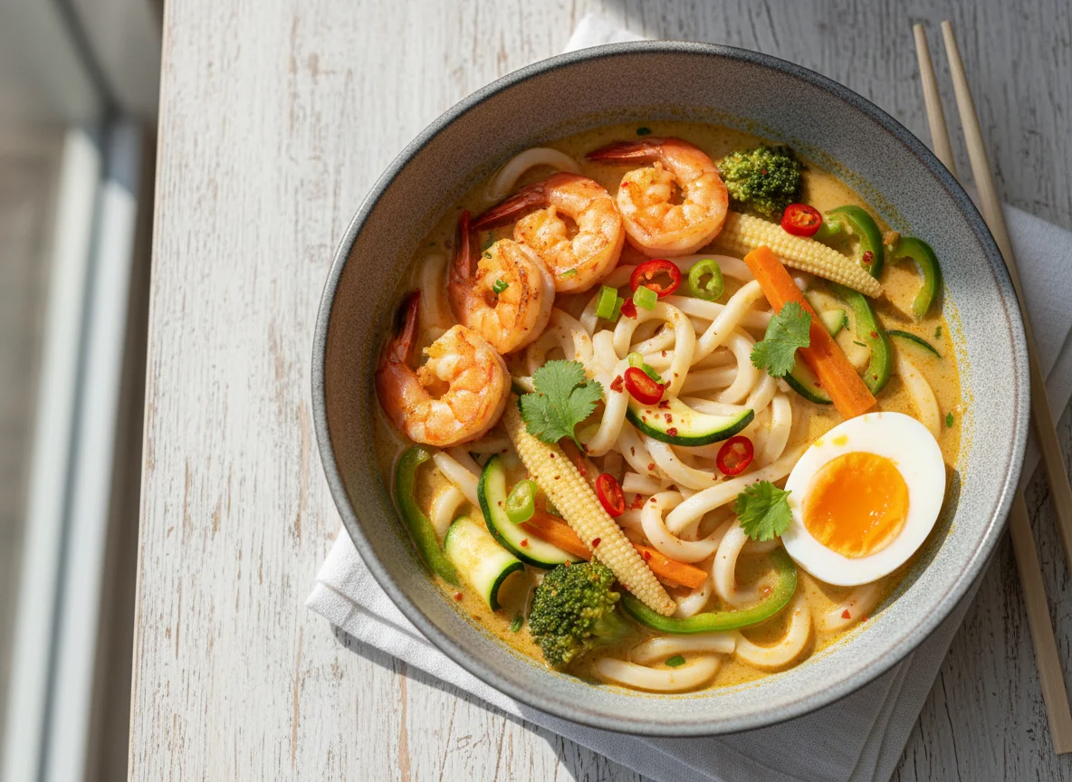 Asiatische Nudelsuppe mit Garnelen und Gemüse photo