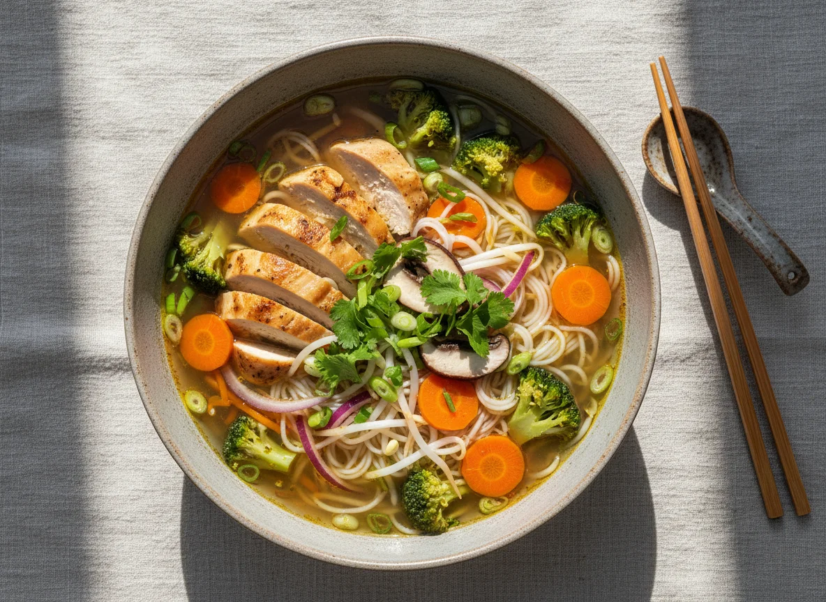 Asiatische Nudelsuppe mit Gemüse und Hähnchen photo
