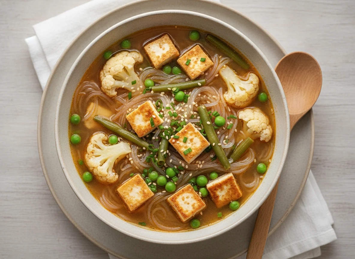 Asiatische Nudelsuppe mit Gemüse und Tofu photo