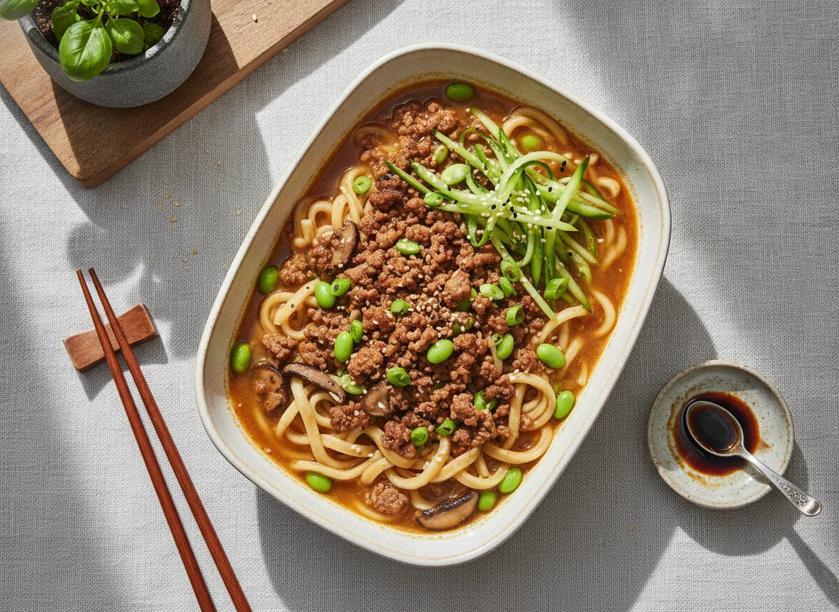 Asiatische Nudelsuppe mit Hackfleisch und Edamame photo