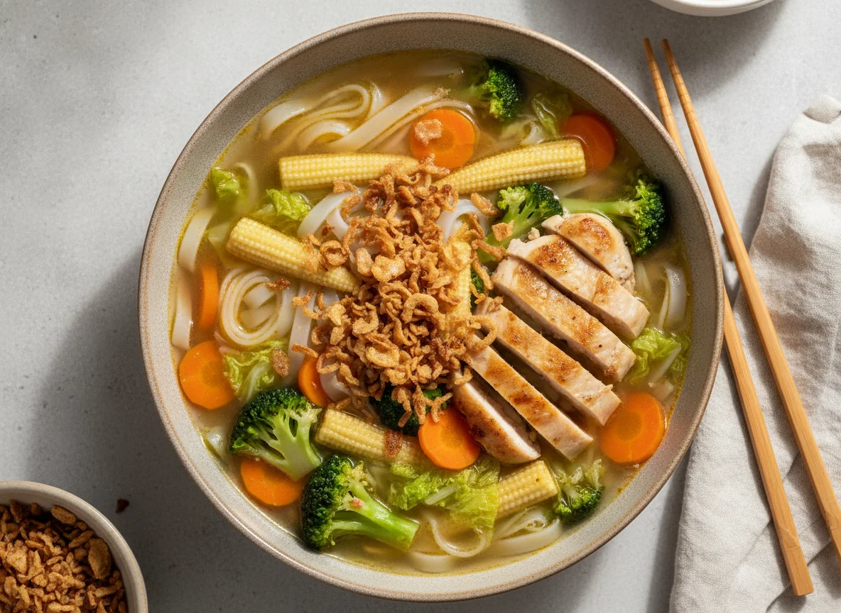 Asiatische Nudelsuppe mit Hähnchen und Gemüse photo