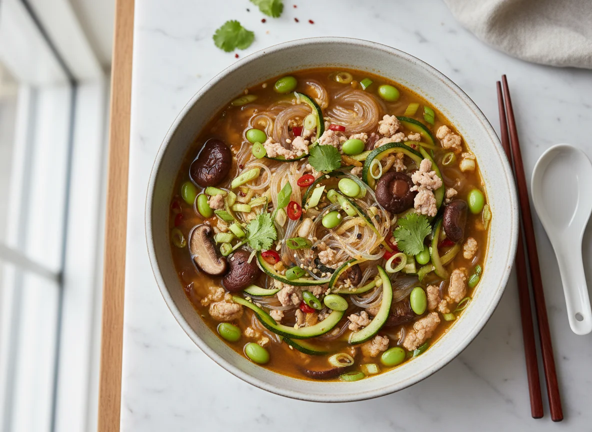 Asiatische Nudelsuppe mit Pilzen und Edamame photo