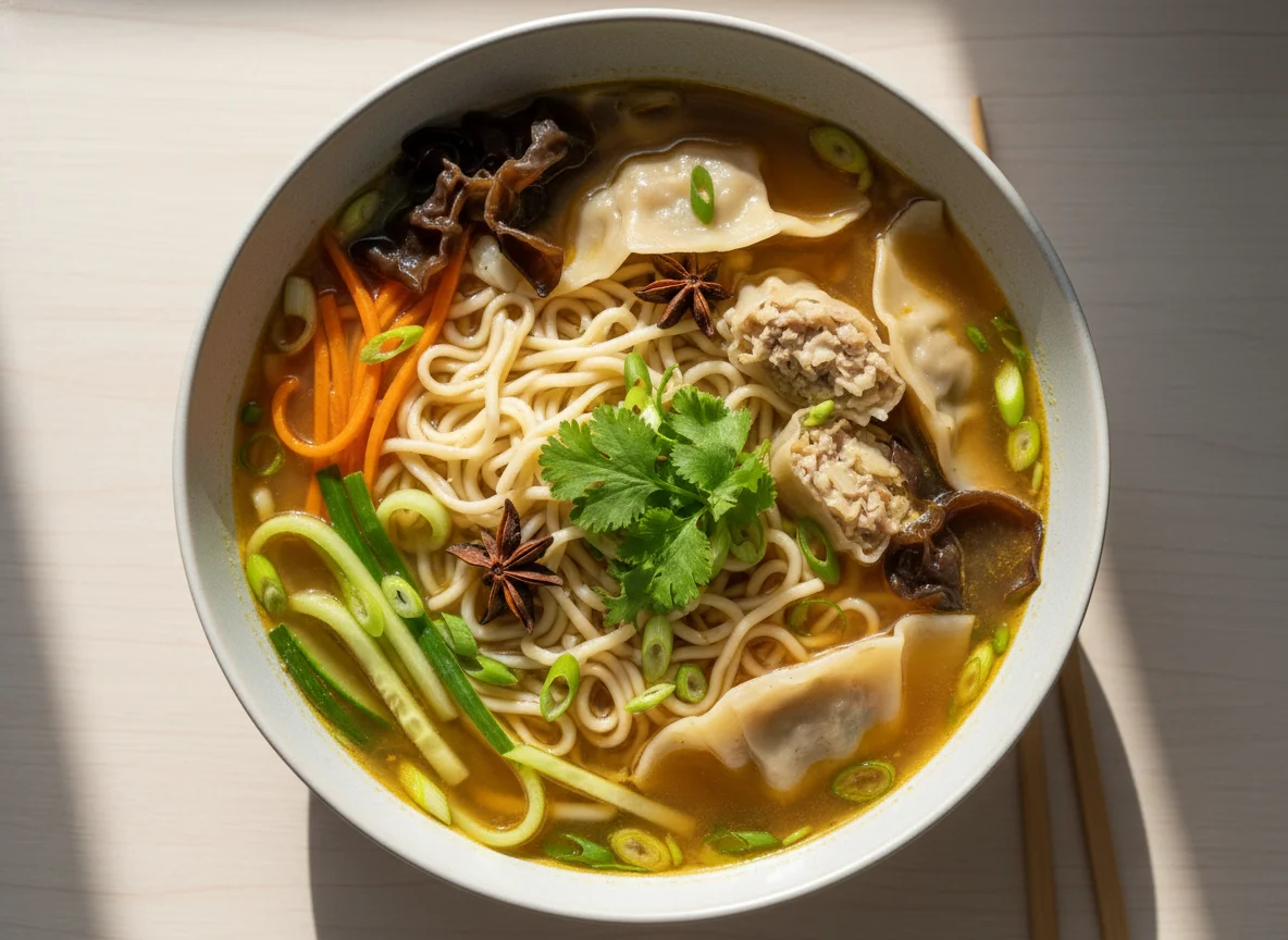 Asiatische Nudelsuppe mit Pilzen und Gemüse photo