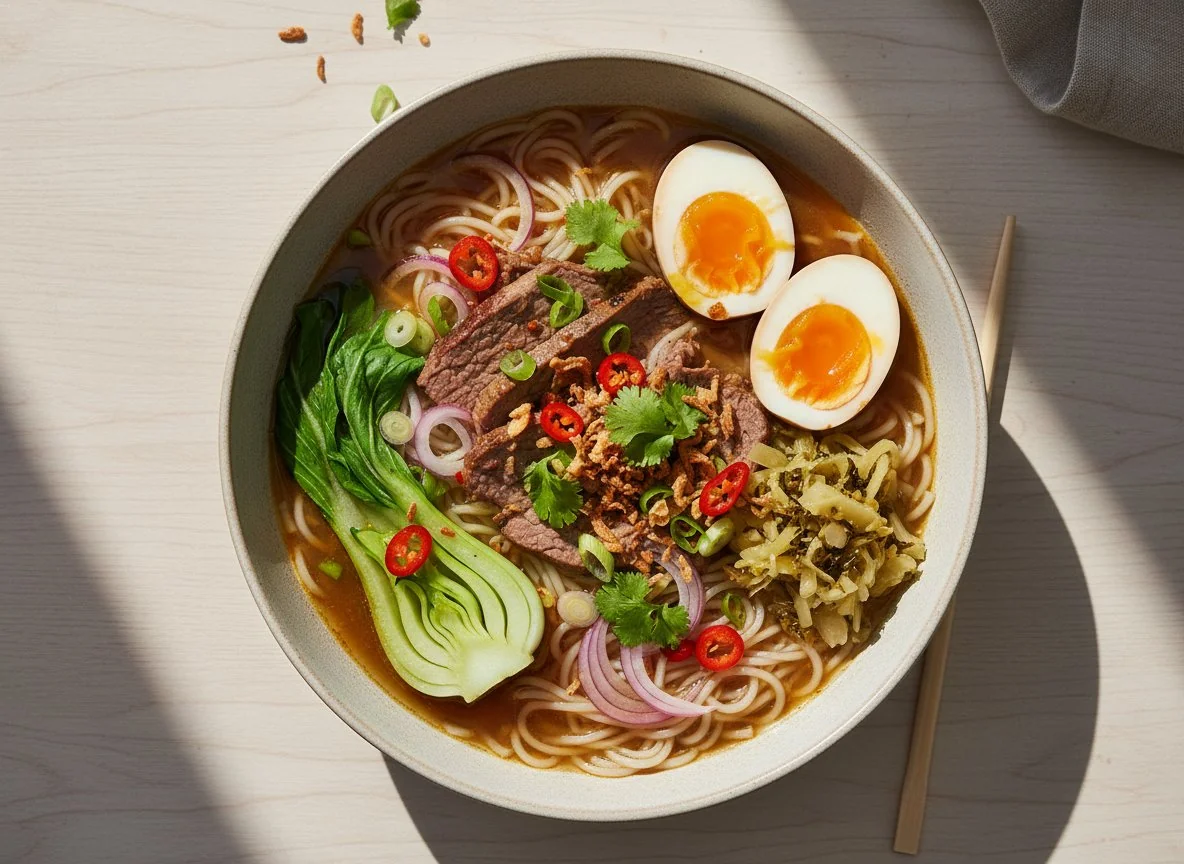 Asiatische Nudelsuppe mit Rindfleisch und Ei photo