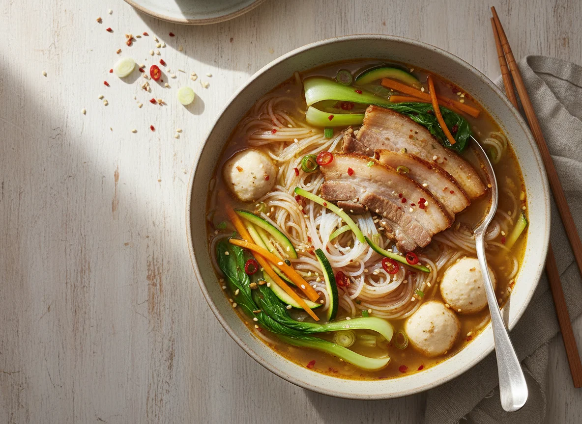 Asiatische Nudelsuppe mit Schweinefleisch und Gemüse photo