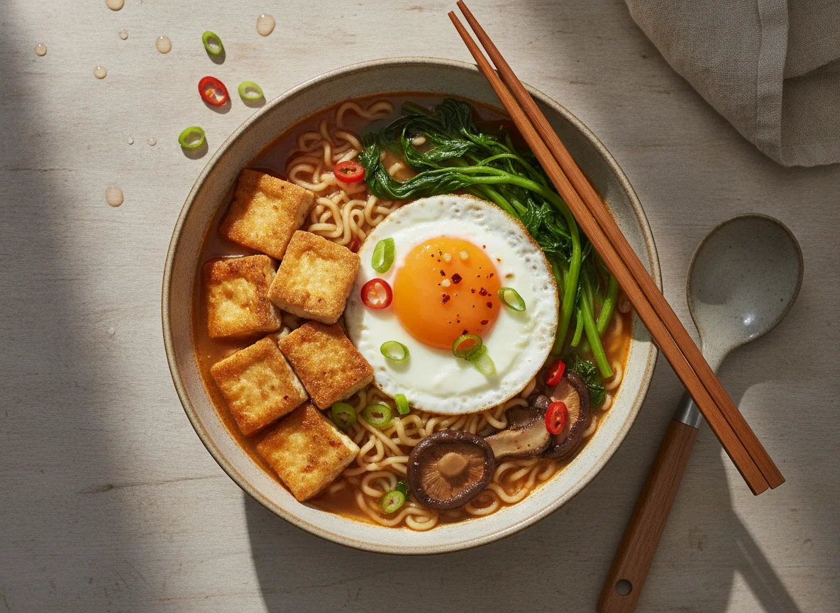 Asiatische Nudelsuppe mit Tofu, Ei und Gemüse photo