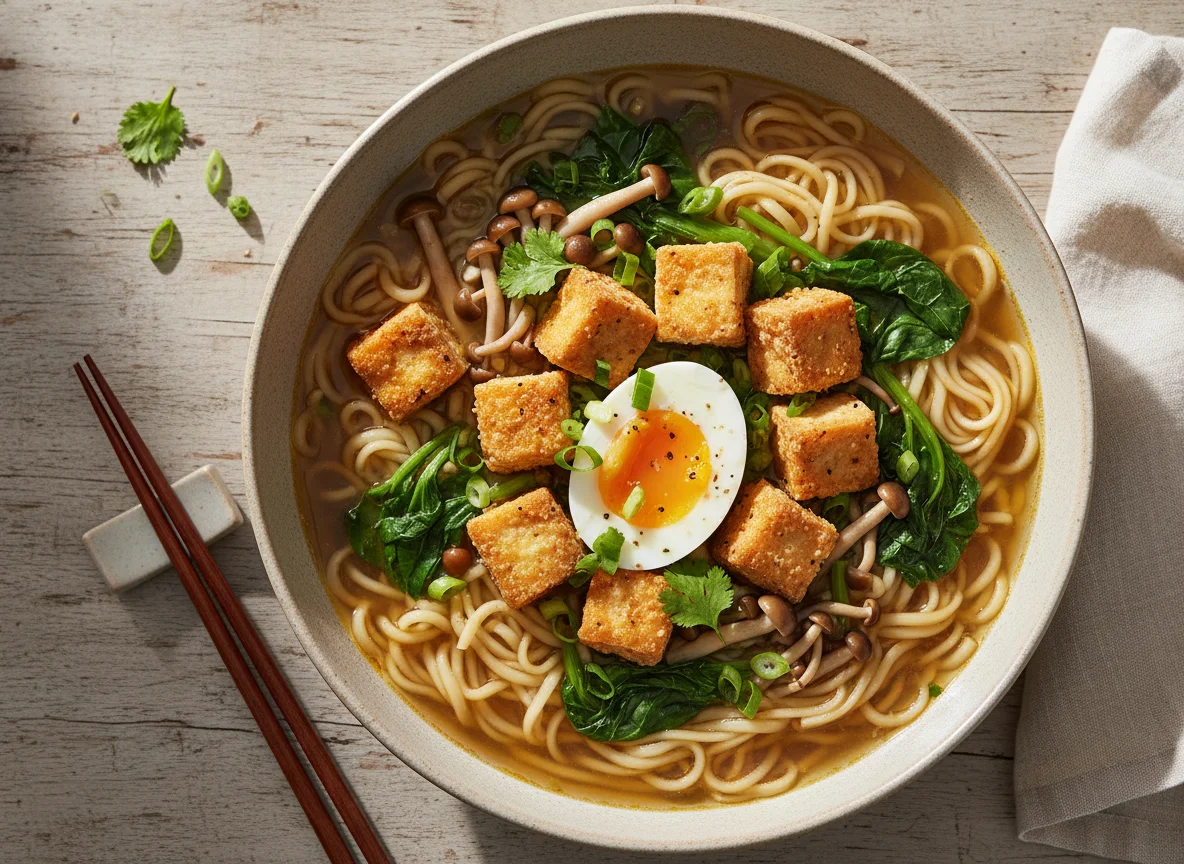 Asiatische Nudelsuppe mit Tofu, Pilzen und Gemüse photo