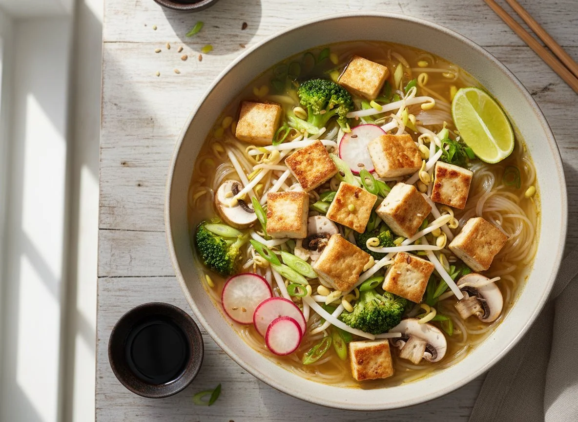Asiatische Nudelsuppe mit Tofu und Gemüse photo