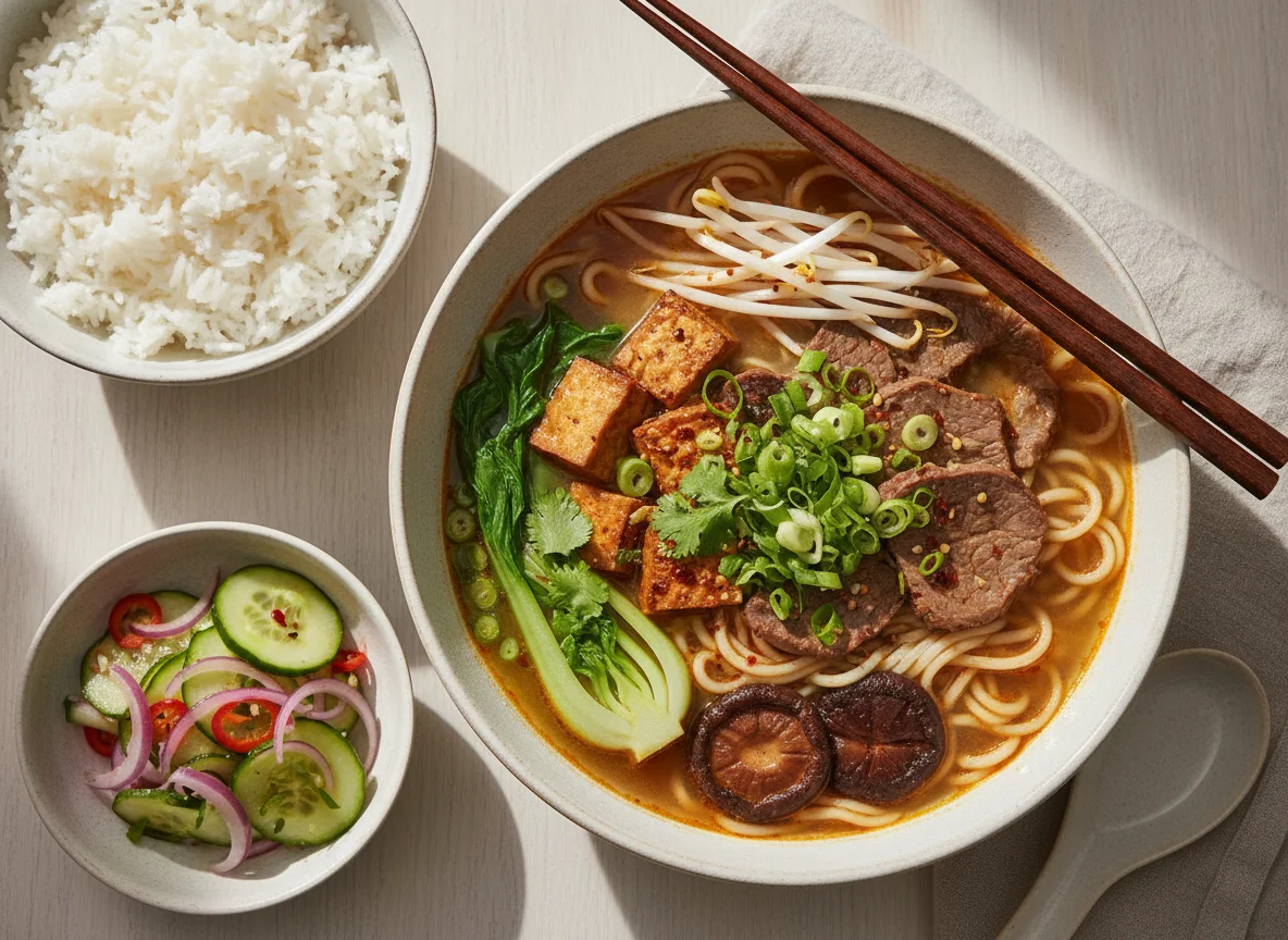 Asiatische Nudelsuppen und Beilagen photo
