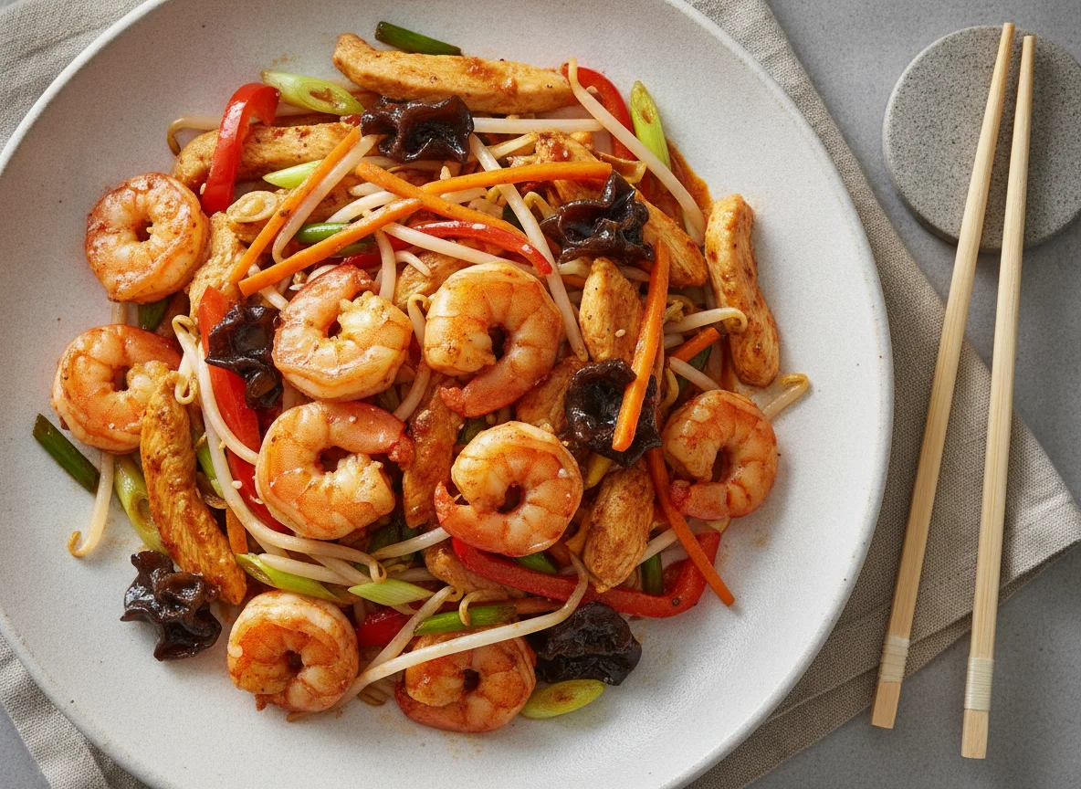 Asiatische Pfanne mit Garnelen, Hähnchen und Gemüse photo