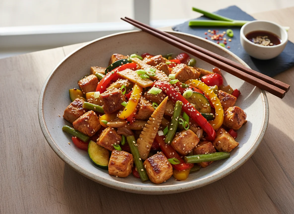 Asiatische Pfanne mit Hähnchen und Gemüse photo