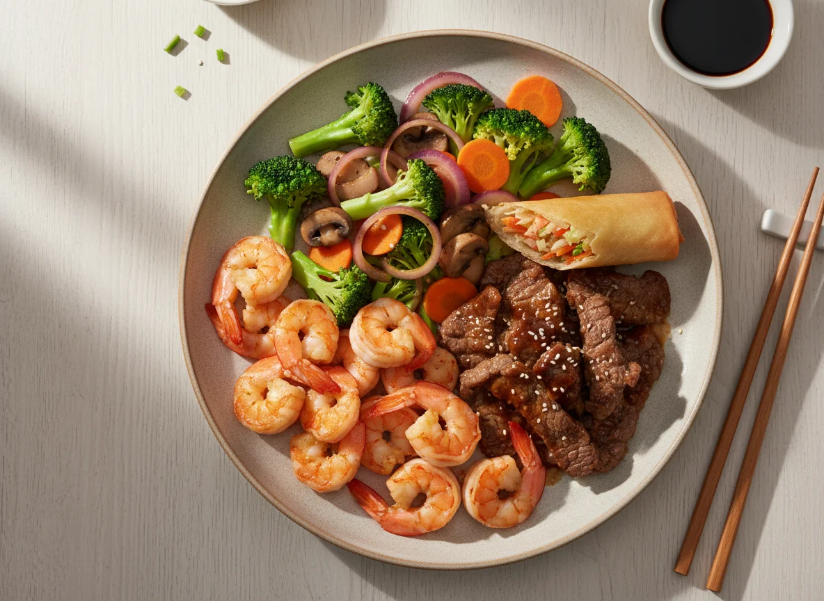 Asiatische Platte mit Garnelen, gebratenem Gemüse und Fleisch photo