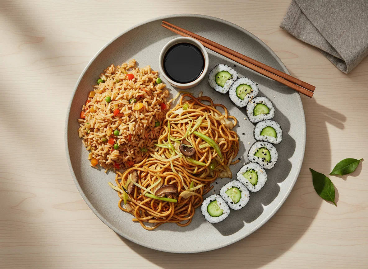 Asiatische Platte mit Reis, Nudeln und Sushi photo