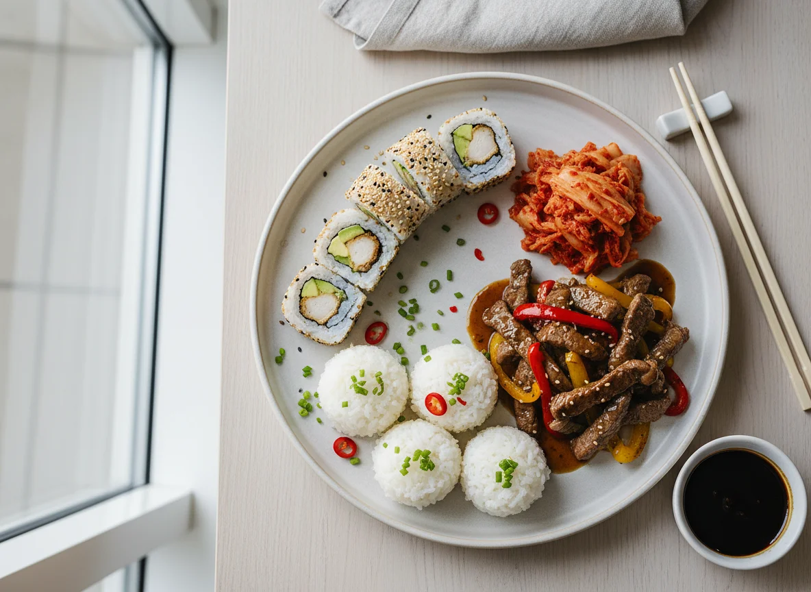 Asiatische Platte mit Sushi, Reis, Rindfleisch und Kimchi photo