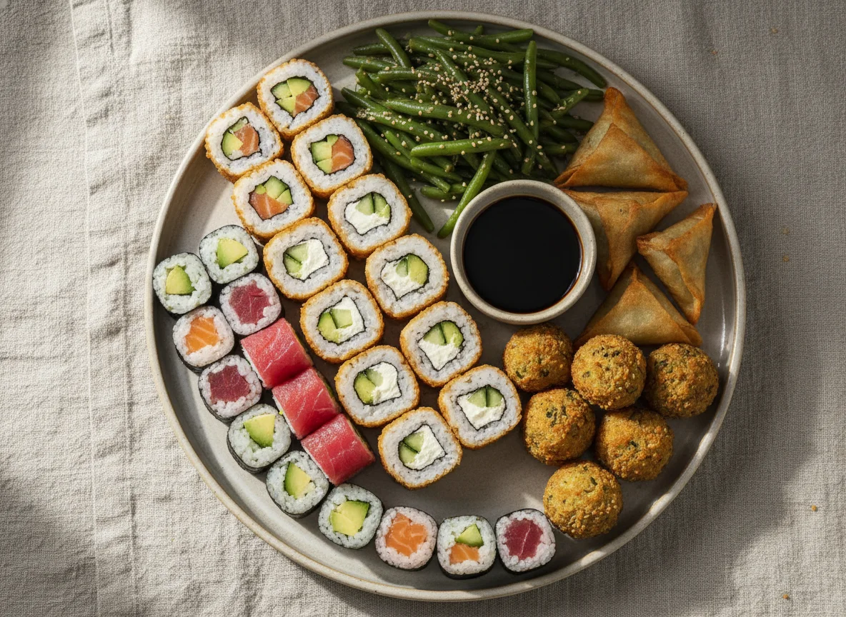 Asiatische Platte mit Sushi und Beilagen photo