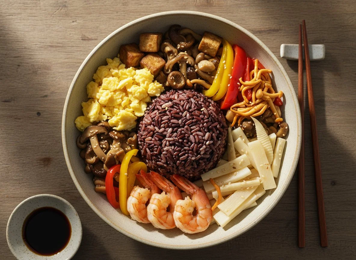 Asiatische Reisschale mit Garnelen und Gemüse photo